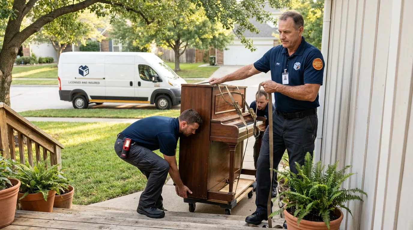Licensed piano movers securing grand piano in Glen Burnie, MD