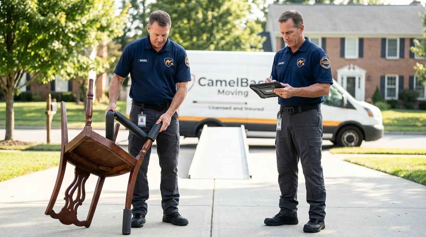 Movers inspecting furniture for damage prevention before loading in Glen Burnie, MD
