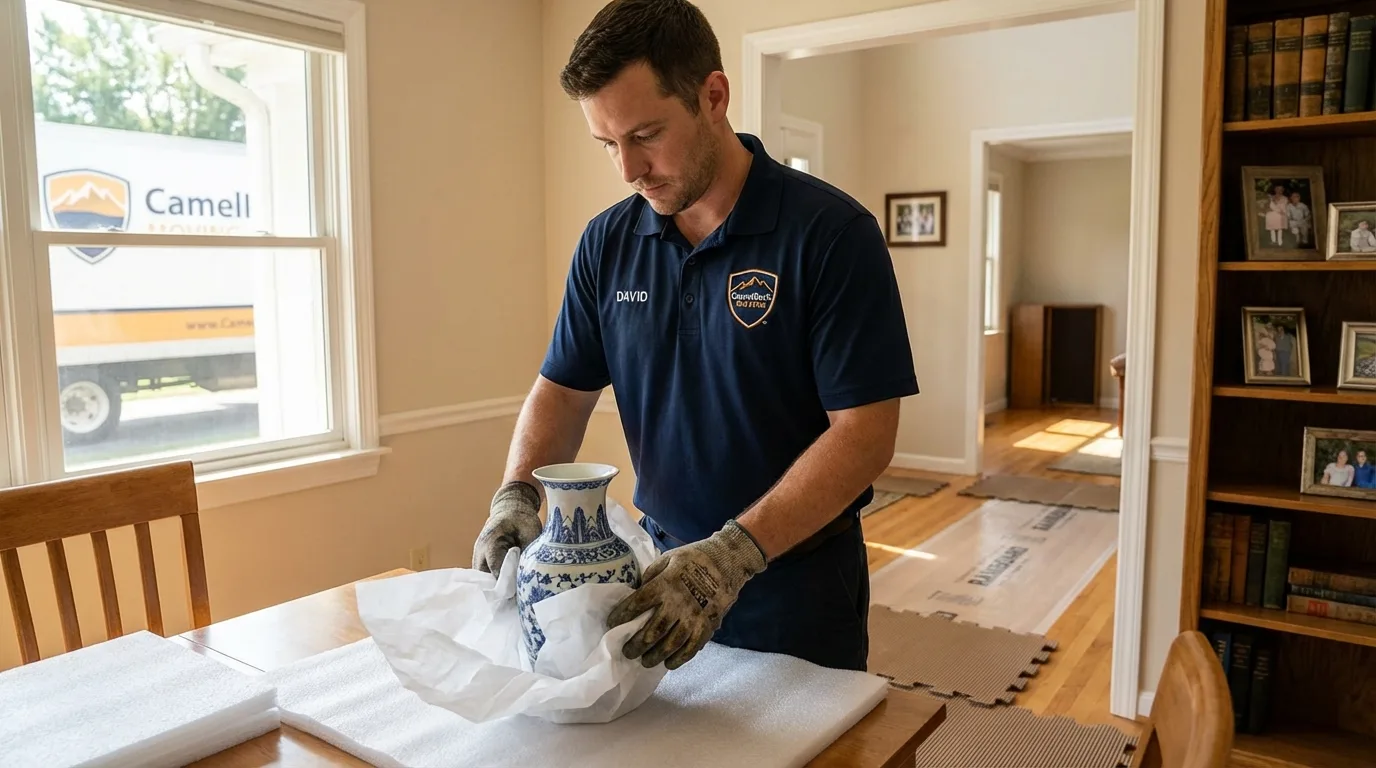 Professional crew carefully wrapping antique vase for senior downsizing move in Glen Burnie, MD